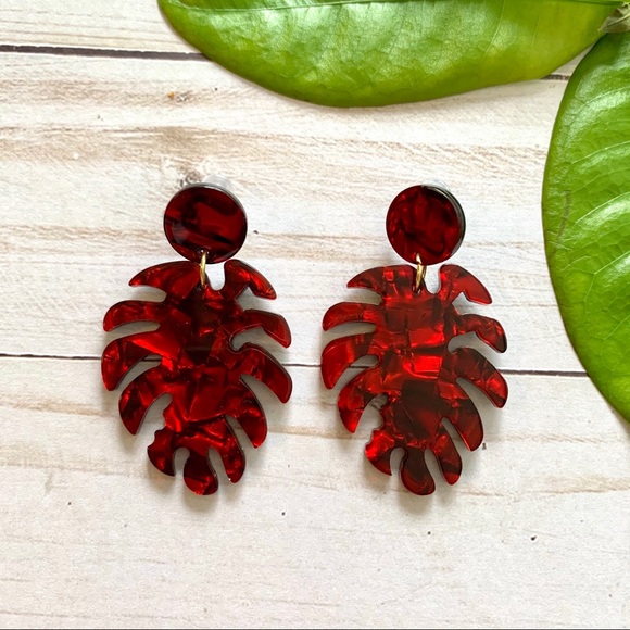 Jewelry - ✨3 for $15✨ red monstera leaf statement earrings